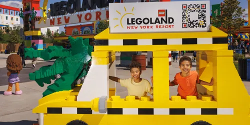 Boys Pose for a Photo in a Taxi made from LEGO