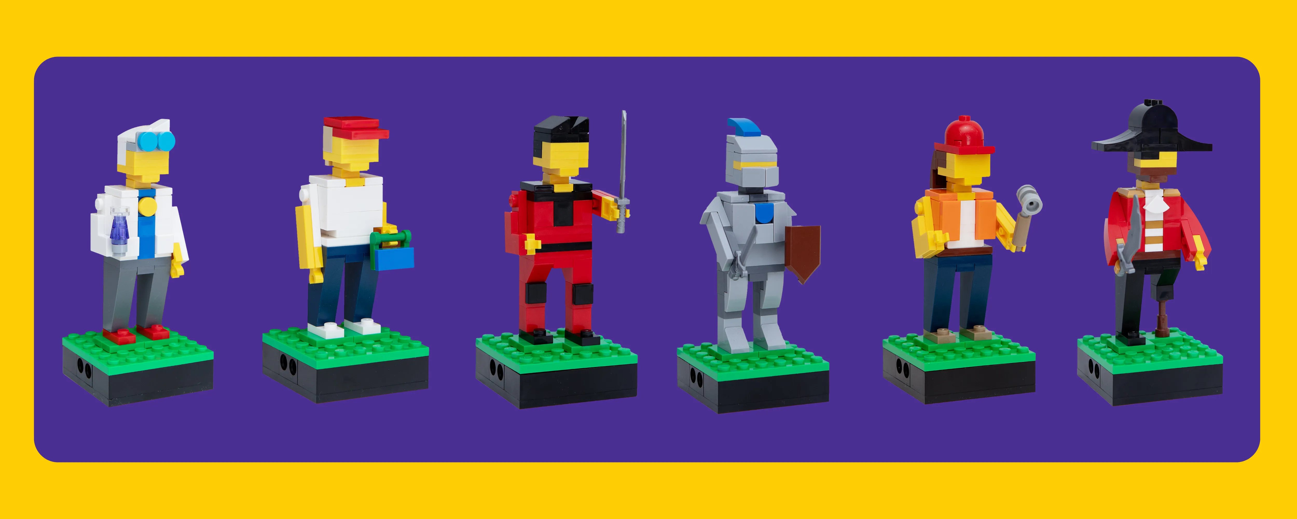 6 Minilander Figures against purple background